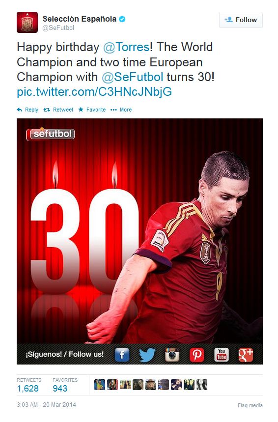 تبریک تولد 30 سالگی فرناندو تورس توسط توییتر رسمی تیم ملی اسپانیا