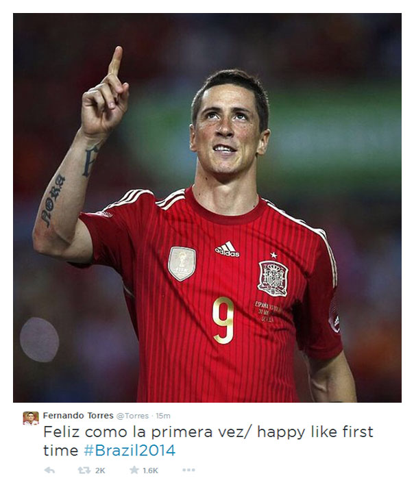 ابراز خوشحالی تورس در صفحه توییترش بعد از راهی شدن به جام جهانی 2014 برزیل
