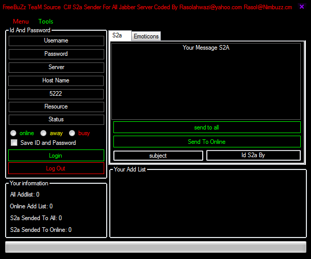 Jabber - FreeBuZz TeaM Source C# S2a Sender For All Jabber Server Coded By Rasolahwazi@nimbuzz.com Rasol@Nimbuzz.cm 77877987