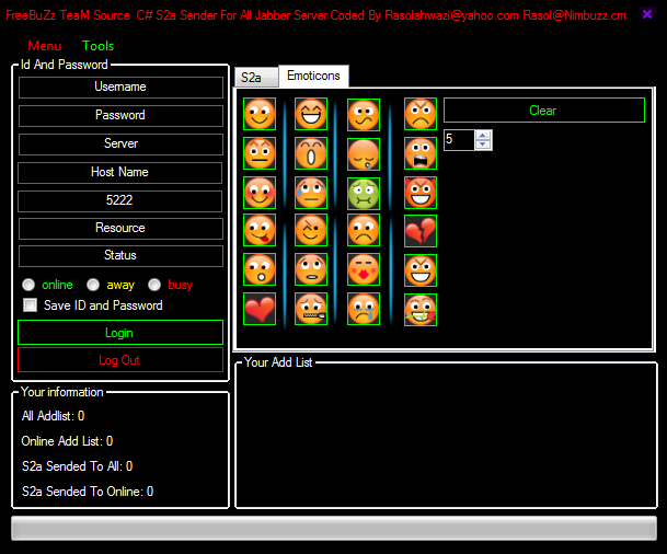 Jabber - FreeBuZz TeaM Source C# S2a Sender For All Jabber Server Coded By Rasolahwazi@nimbuzz.com Rasol@Nimbuzz.cm 45645645