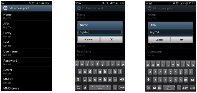 در پنجره باز شده در قسمت Name و APN کلمه RighTel 