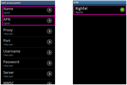 قسمت Name و APN ، عبارت RighTel را وارد کنید