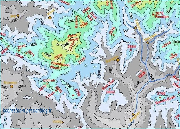 نقشه توپوگرافی - موقعیت قله چشمه شاهی