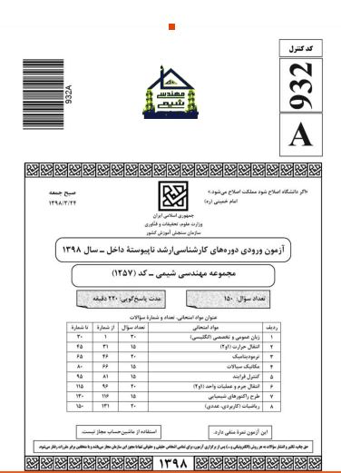 دانلود رایگان سوالات ارشد مهندسی شیمی سال 1398
